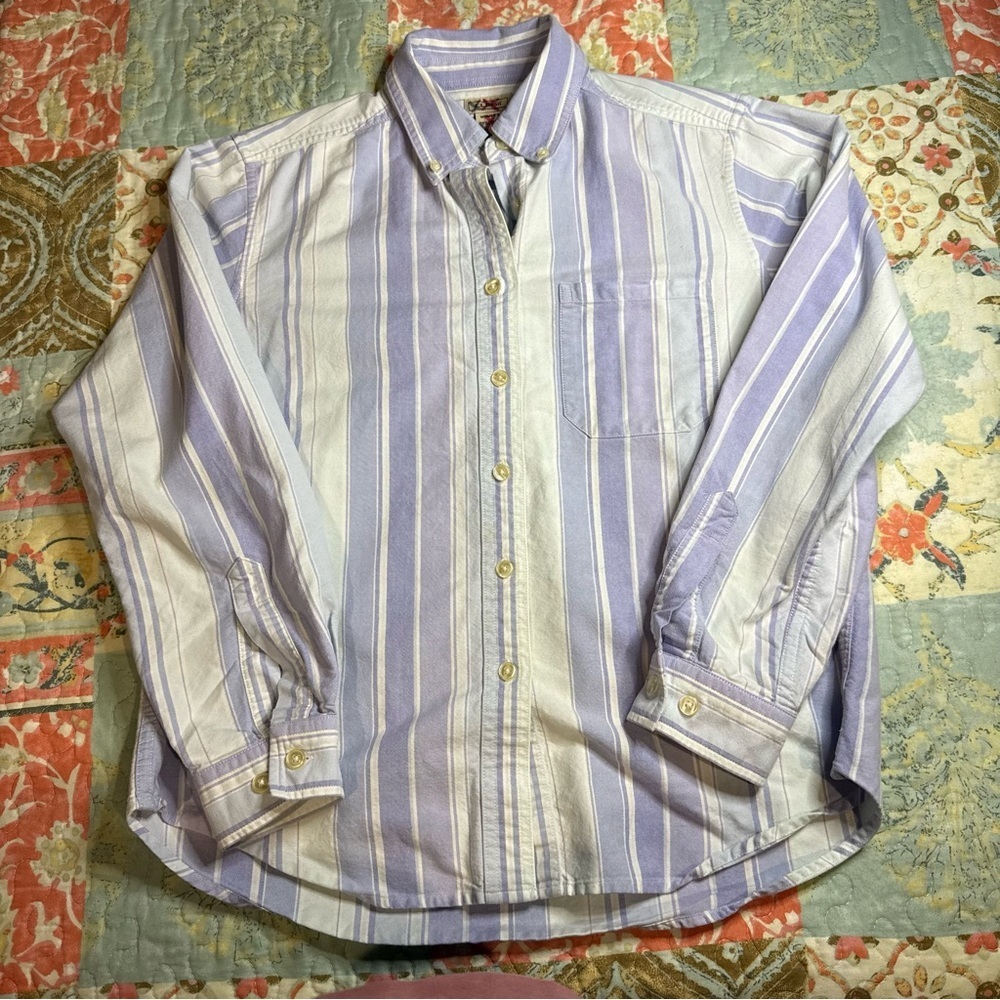 L.L. Bean Women's Purple and White Striped Button Down Shirt 100% Cotton Coastal